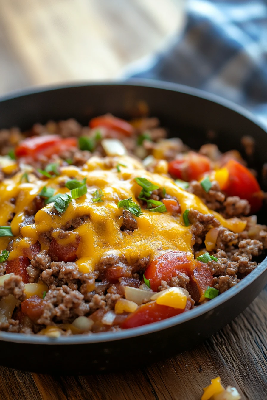 Close-up of a cheeseburger skillet with melted cheese and beef in a pan.