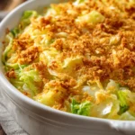 Close-up of cheesy cabbage casserole with cracker topping, golden and appetizing.