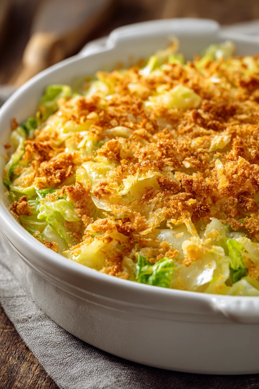 Close-up of cheesy cabbage casserole with cracker topping, golden and appetizing.