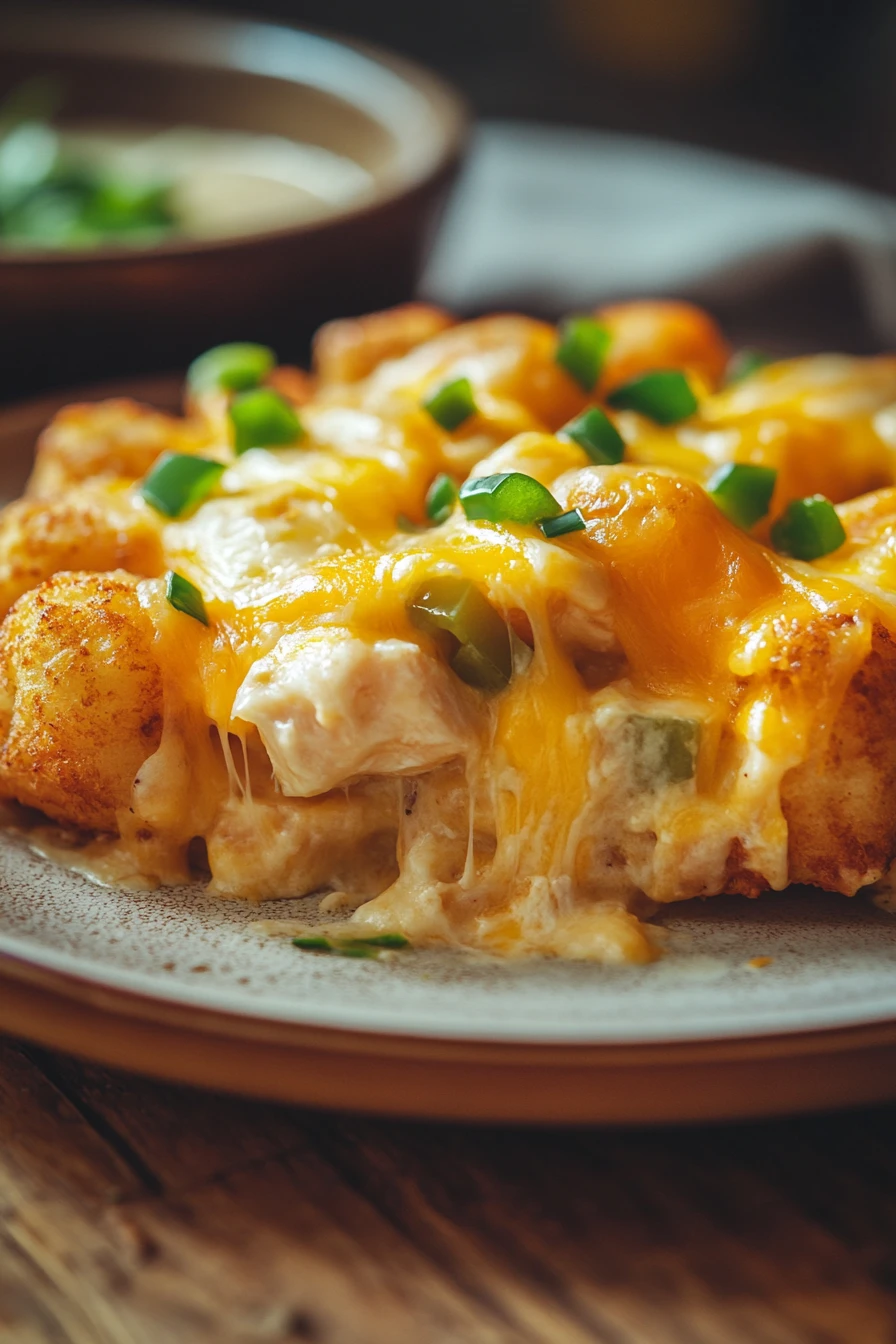 When the Craving Hits: Cheesy Chicken Tater Tot Casserole Crock Pot Comfort 2 Cheesy chicken tater tot casserole in a crock pot with golden cheese topping