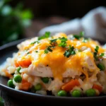 Close-up of chicken and rice with vegetables casserole in a bright, natural setting.
