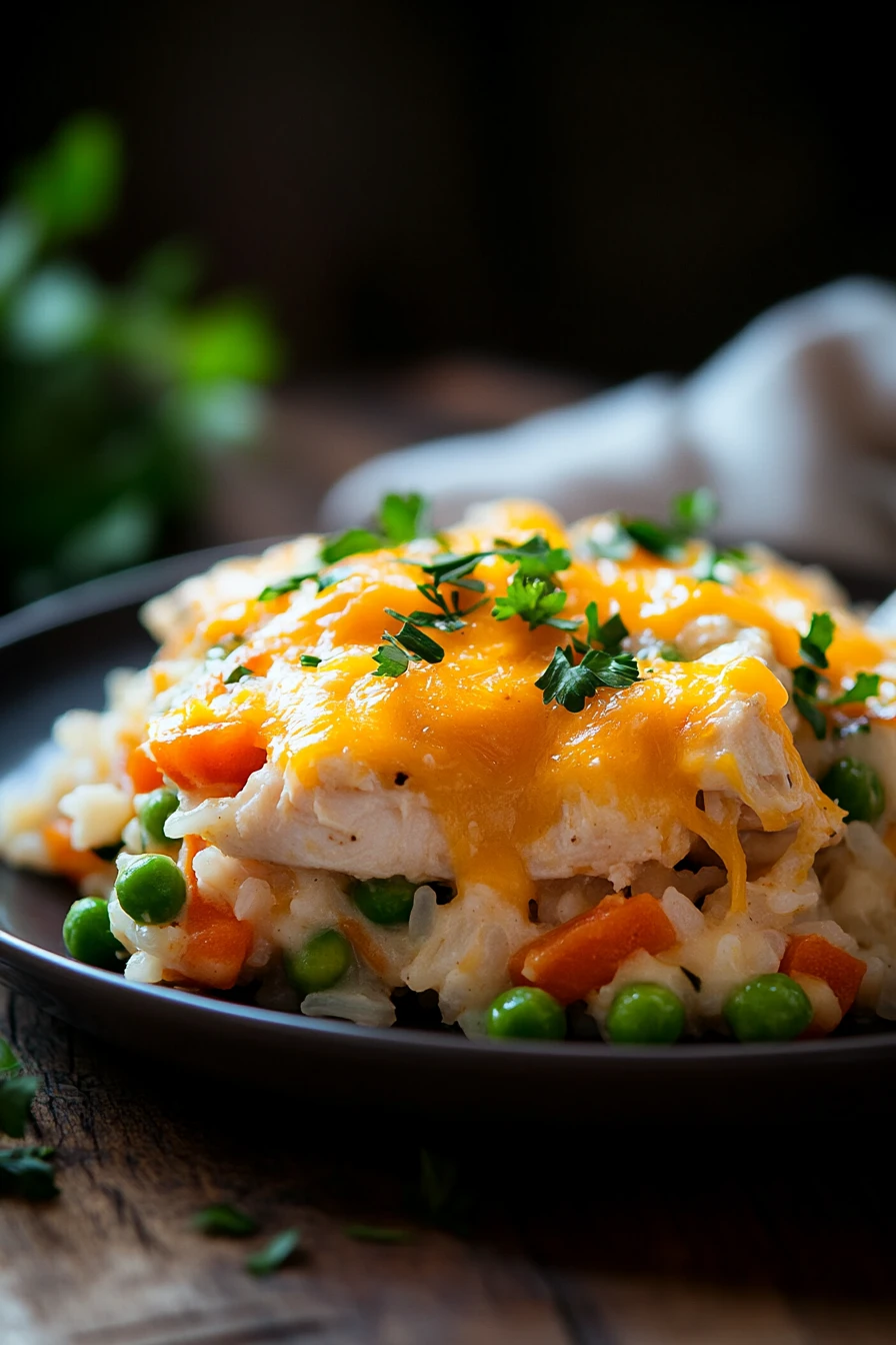 Close-up of chicken and rice with vegetables casserole in a bright, natural setting.