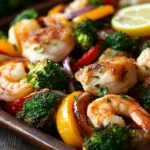 Close-up of a chicken and shrimp sheet pan meal with vegetables on a baking tray.