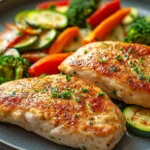 Close-up of grilled chicken breast with colorful vegetables on a plate