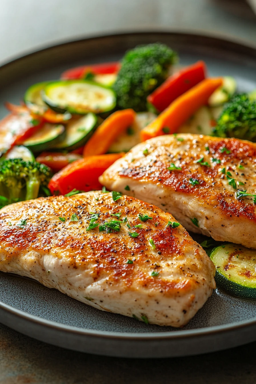 Close-up of grilled chicken breast with colorful vegetables on a plate