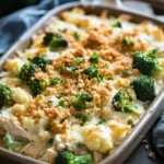 When Dinner Calls for Cozy: Chicken Broccoli Cauliflower Casserole 3 Close-up of chicken broccoli casserole with visible broccoli and creamy sauce