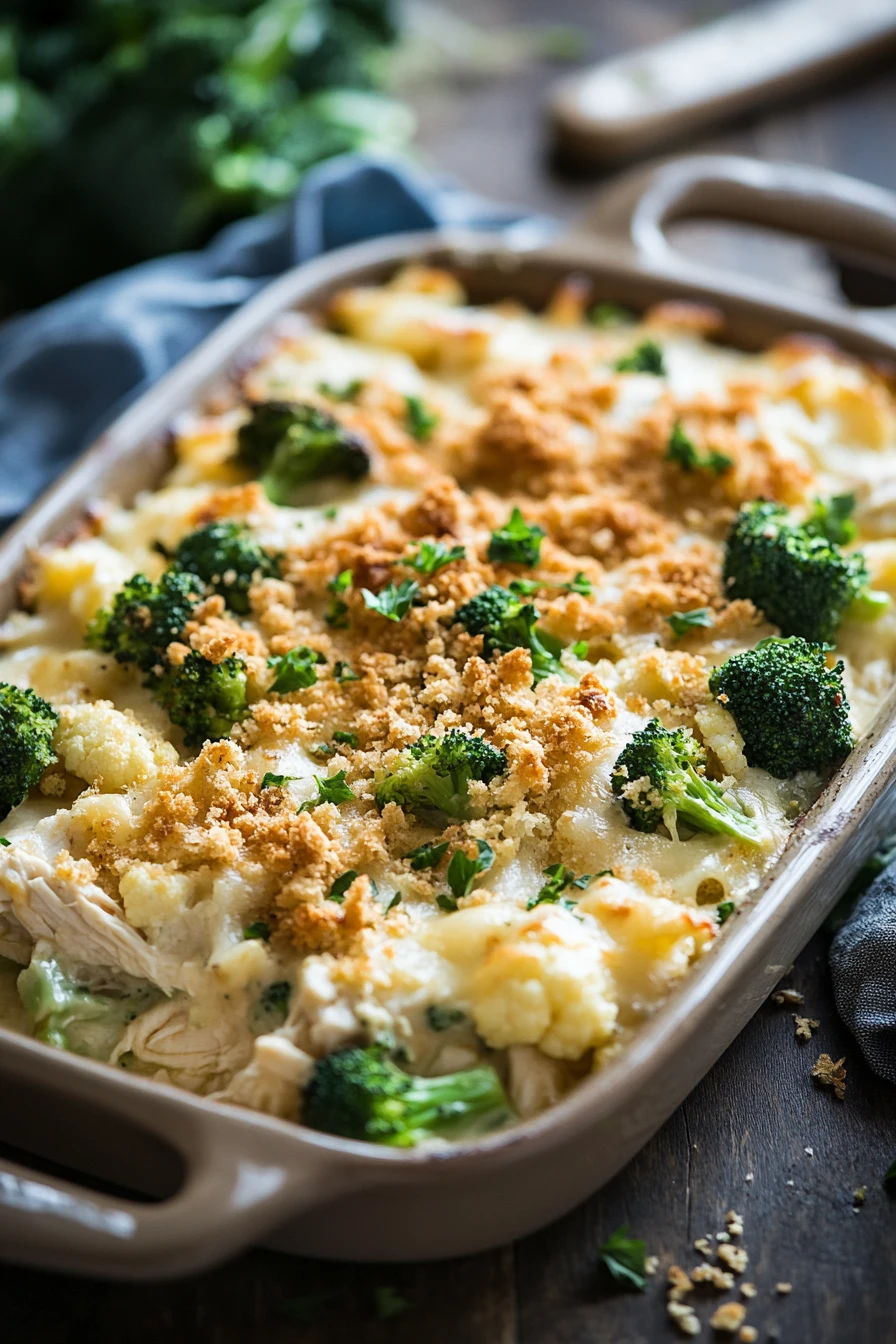When Dinner Calls for Cozy: Chicken Broccoli Cauliflower Casserole 2 Close-up of chicken broccoli casserole with visible broccoli and creamy sauce
