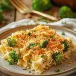 Close-up of chicken broccoli casserole with egg noodles, topped with creamy sauce and broccoli florets.
