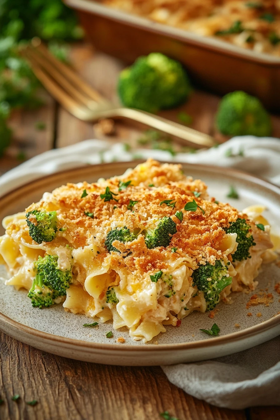 Close-up of chicken broccoli casserole with egg noodles, topped with creamy sauce and broccoli florets.