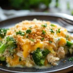 Close-up of chicken broccoli casserole with yogurt sauce, garnished with herbs.