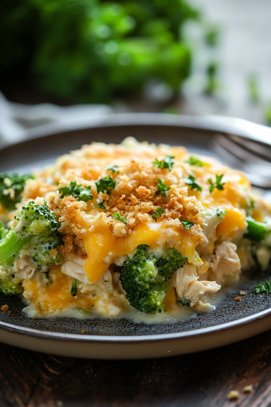Close-up of chicken broccoli casserole with yogurt sauce, garnished with herbs.