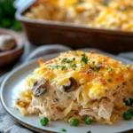 Close-up of a chicken casserole with noodles in a warm, bright setting.