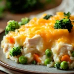 Close-up of a chicken rice casserole with a golden crust, served in a white dish.