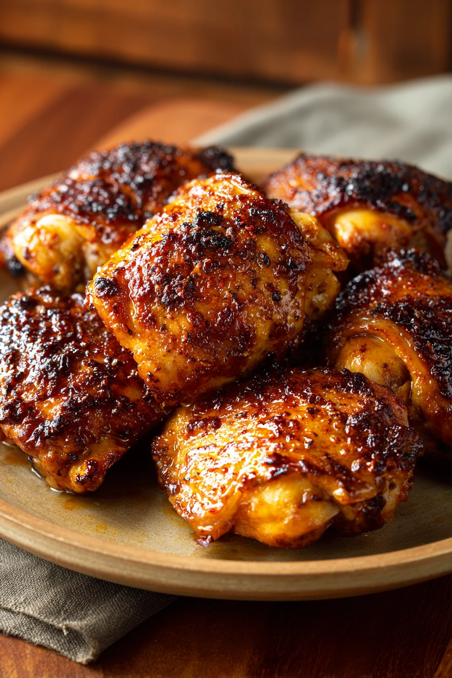 Close-up of crispy chicken thighs with a honey glaze cooked in an air fryer.
