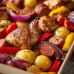 Close-up of chicken thigh and sausage sheet pan dinner with roasted vegetables.