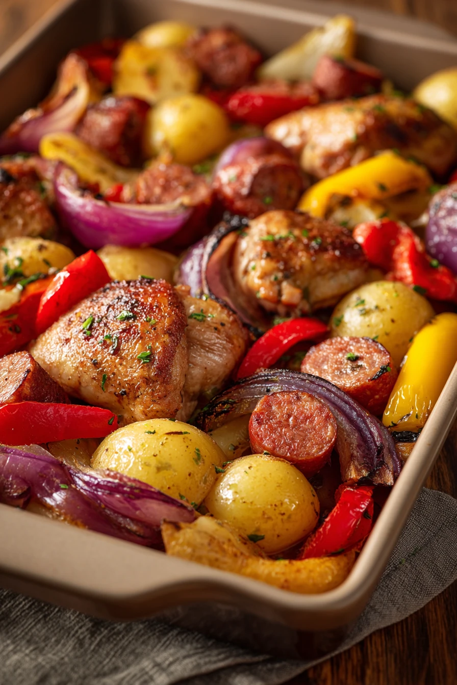 Close-up of chicken thigh and sausage sheet pan dinner with roasted vegetables.