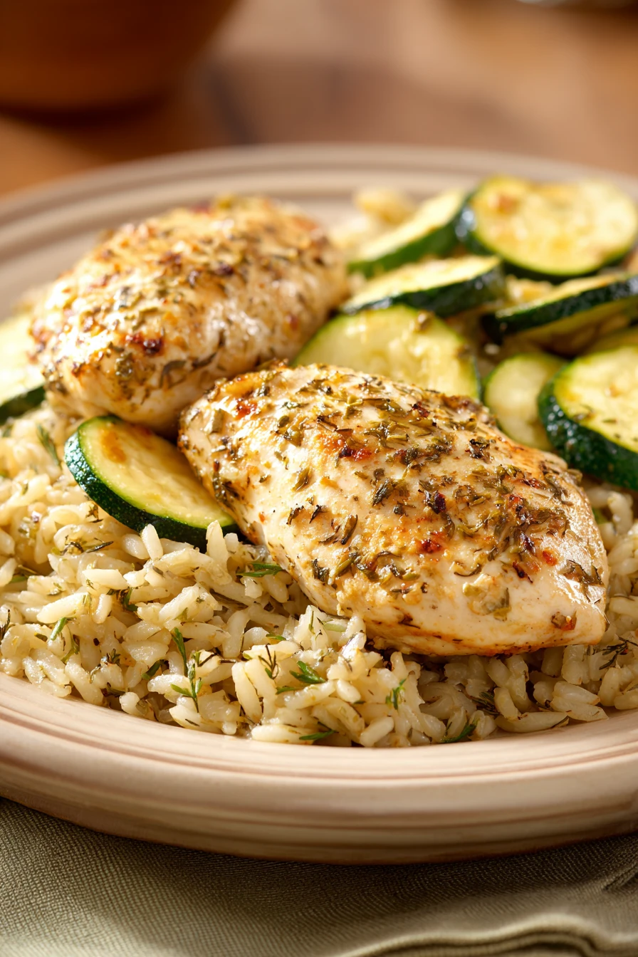 When Dinner Calls for Comfort: Chicken Zucchini Rice Dinner to Savor 2 Close-up of chicken zucchini rice dinner with bright lighting and clean background