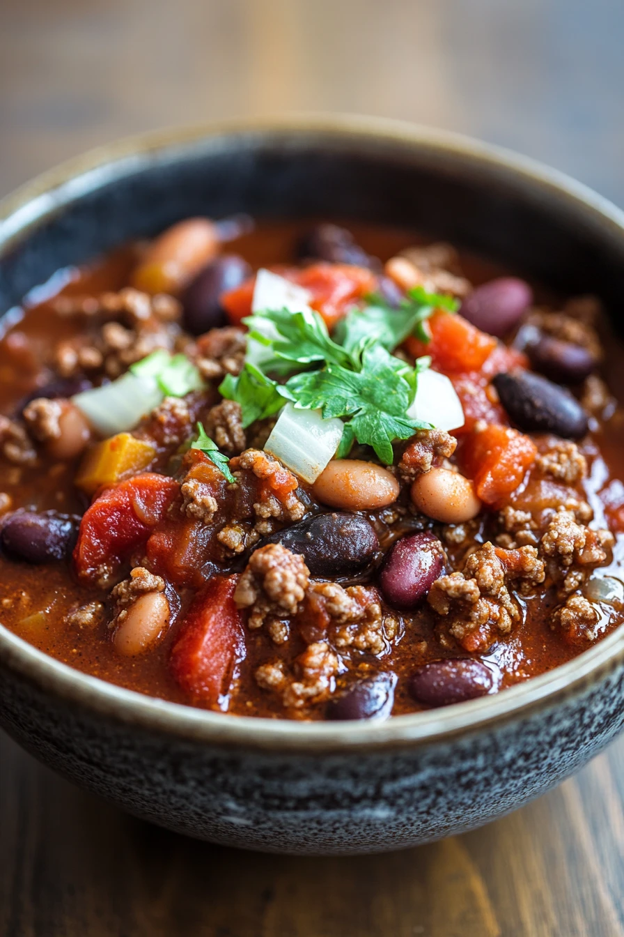 Close-up of chili in a crock pot slow cooker with beans and spices