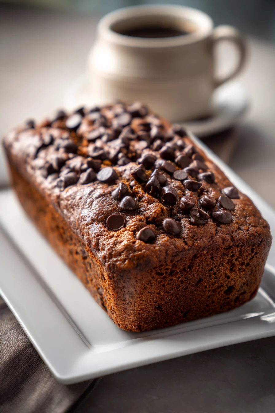Close-up of Chocolate Espresso Banana Bread with a warm, inviting texture.