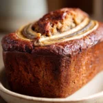 Close-up of a coffee cake banana bread with a golden crust and moist texture.