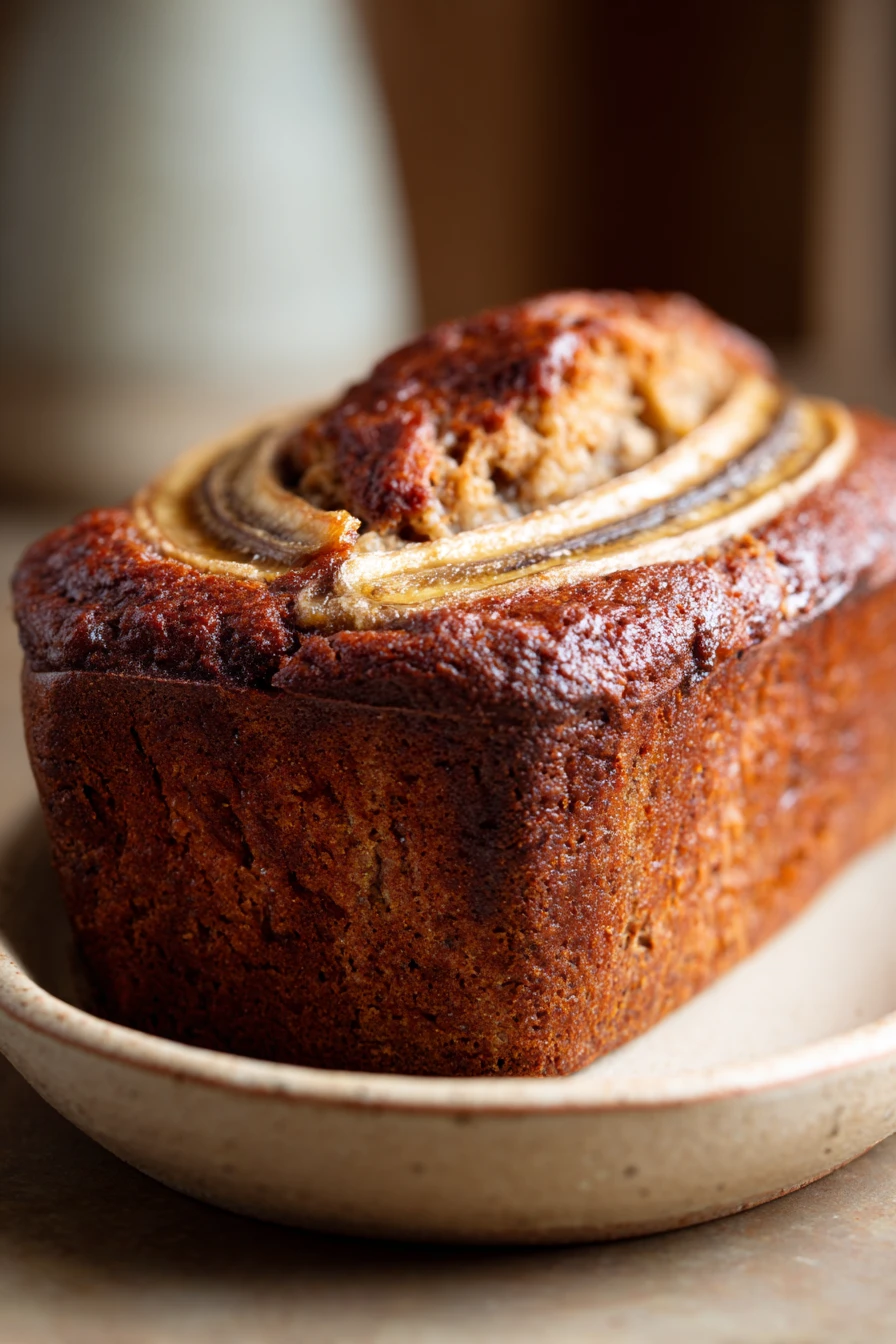 Close-up of a coffee cake banana bread with a golden crust and moist texture.
