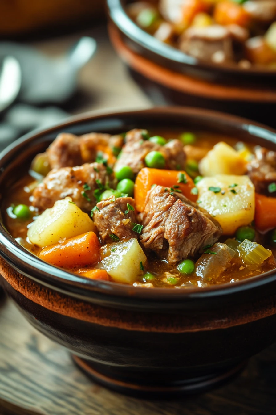 When You Need a Cozy Dinner: Beef and Chicken Crockpot Stew 2 Close-up of a creamy chicken dish in a crockpot with herbs and spices.