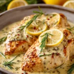 Close-up of creamy citrus chicken garnished with rosemary in a warm, bright setting.