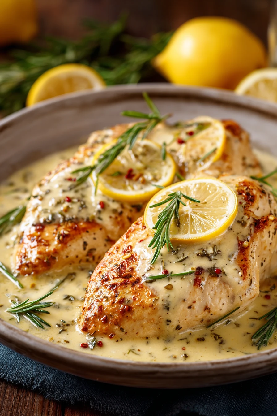 Close-up of creamy citrus chicken garnished with rosemary in a warm, bright setting.