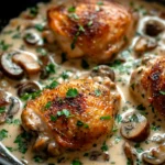 Creamy Mushroom Chicken Thighs Skillet to Soothe a Busy Weeknight 3 Close-up of creamy mushroom chicken thighs in a skillet with herbs