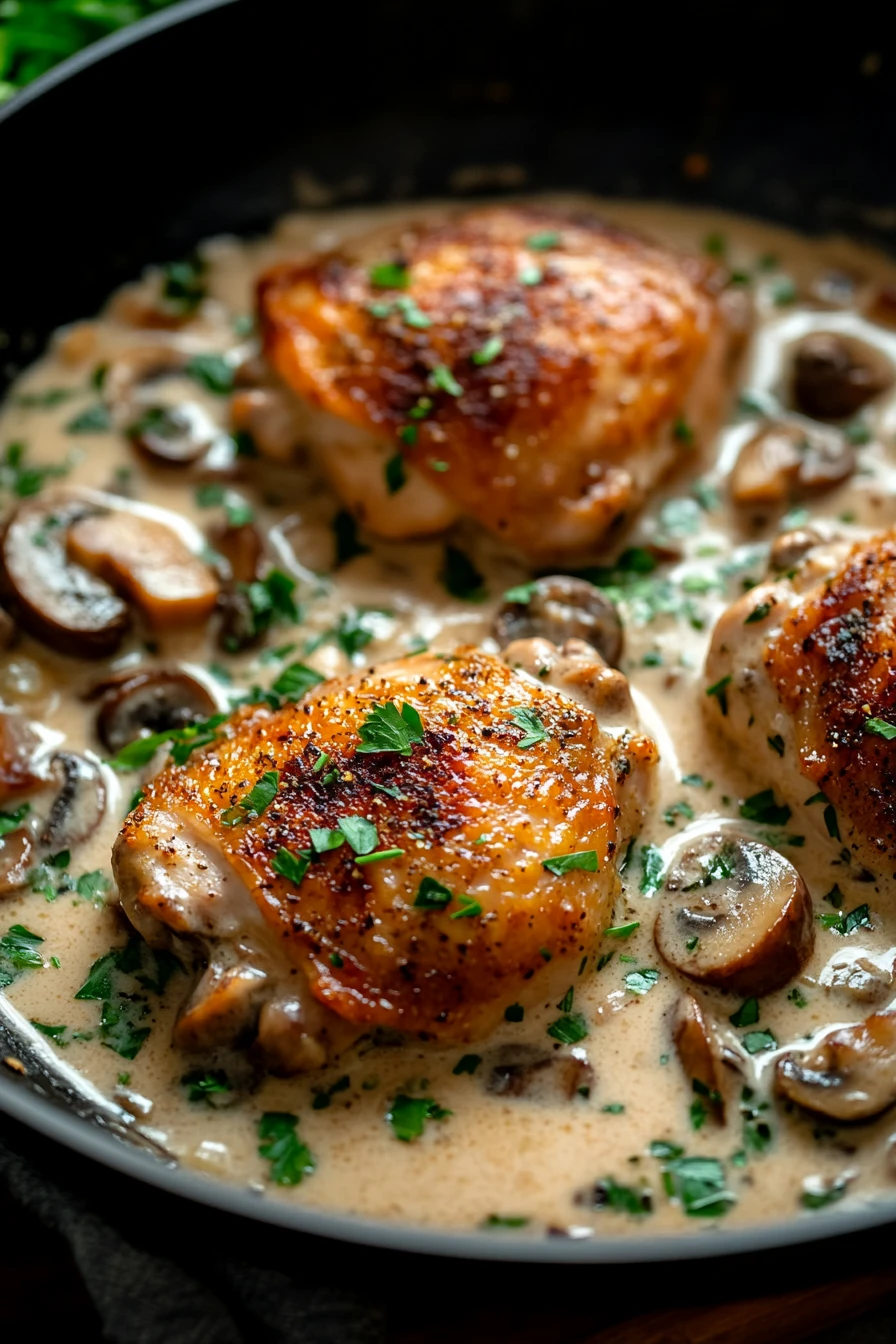 Creamy Mushroom Chicken Thighs Skillet to Soothe a Busy Weeknight 2 Close-up of creamy mushroom chicken thighs in a skillet with herbs