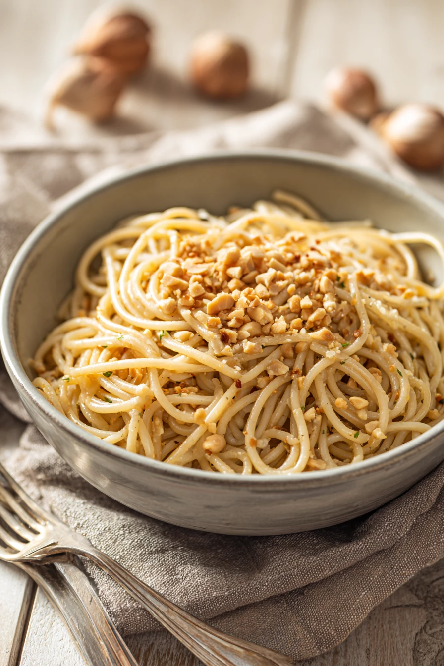 Close-up of creamy one pot pasta with visible textures and bright lighting