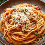 Close-up of creamy one pot pasta spaghetti with sauce filling the frame