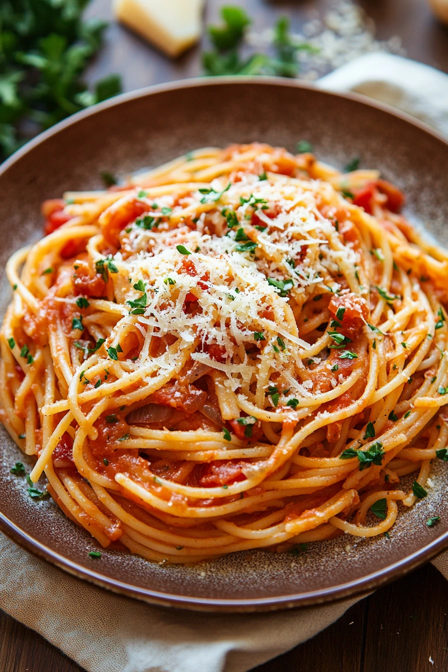 Close-up of creamy one pot pasta spaghetti with sauce filling the frame