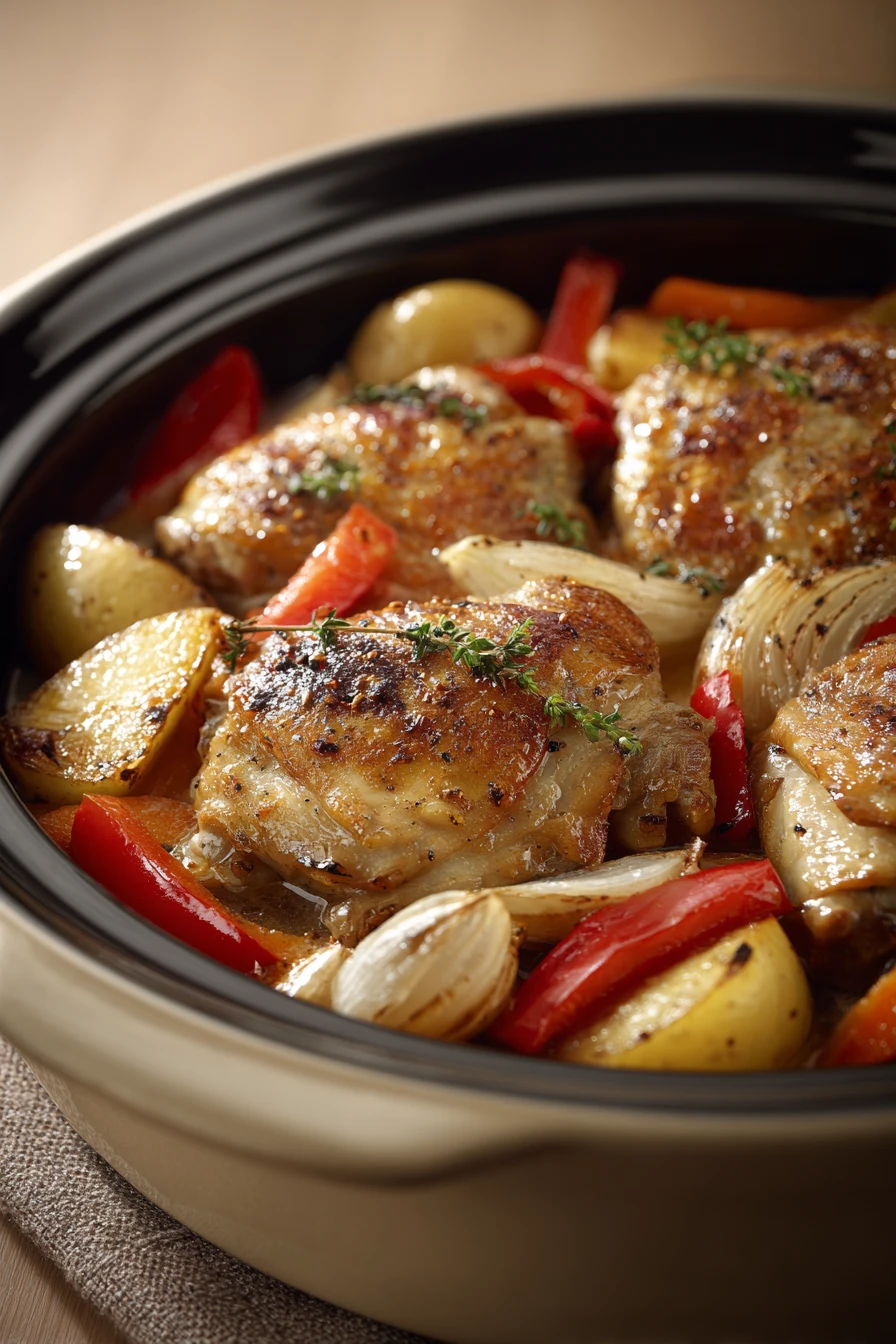 Close-up of a creamy one pot poulet cookeo dish with herbs
