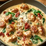 When You Need Comfort Fast: Creamy Tuscan Sausage Skillet for Dinner 3 Close-up of a creamy Tuscan sausage skillet with herbs and sauce