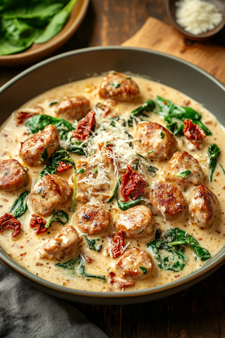 When You Need Comfort Fast: Creamy Tuscan Sausage Skillet for Dinner 2 Close-up of a creamy Tuscan sausage skillet with herbs and sauce