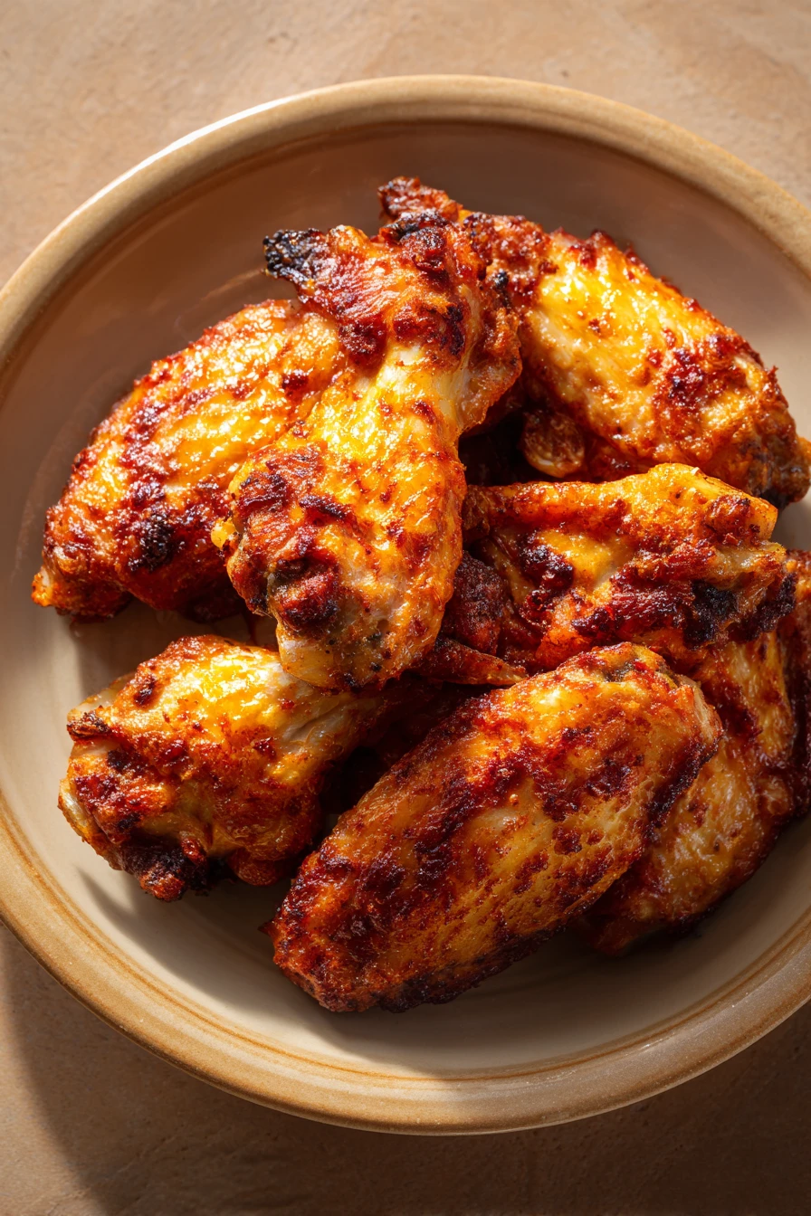 Crispy air fryer chicken wings with Italian seasoning, close-up view with golden brown texture.