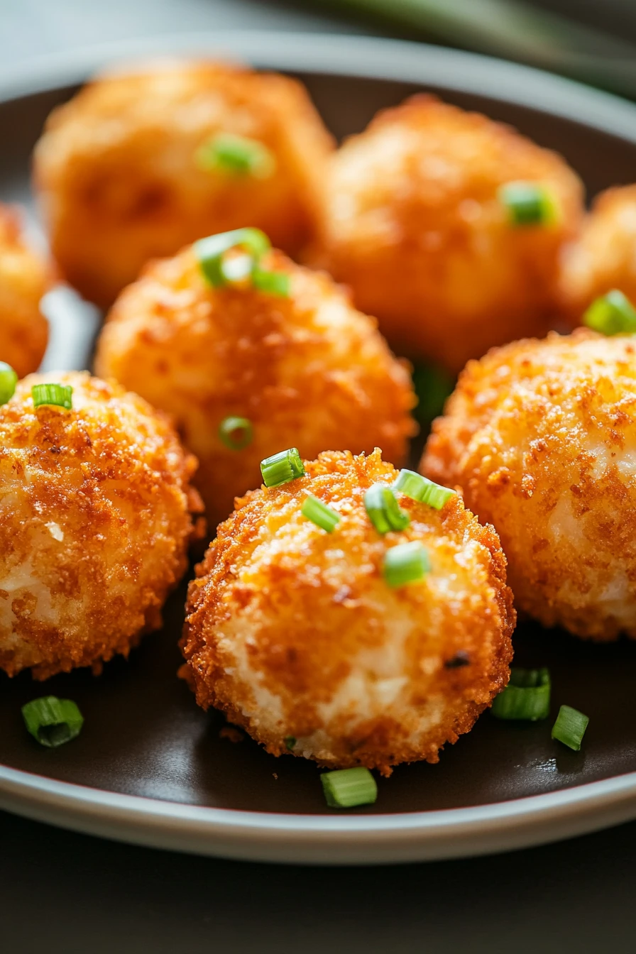 Close-up of crispy air fryer shrimp balls on a white plate with dipping sauce