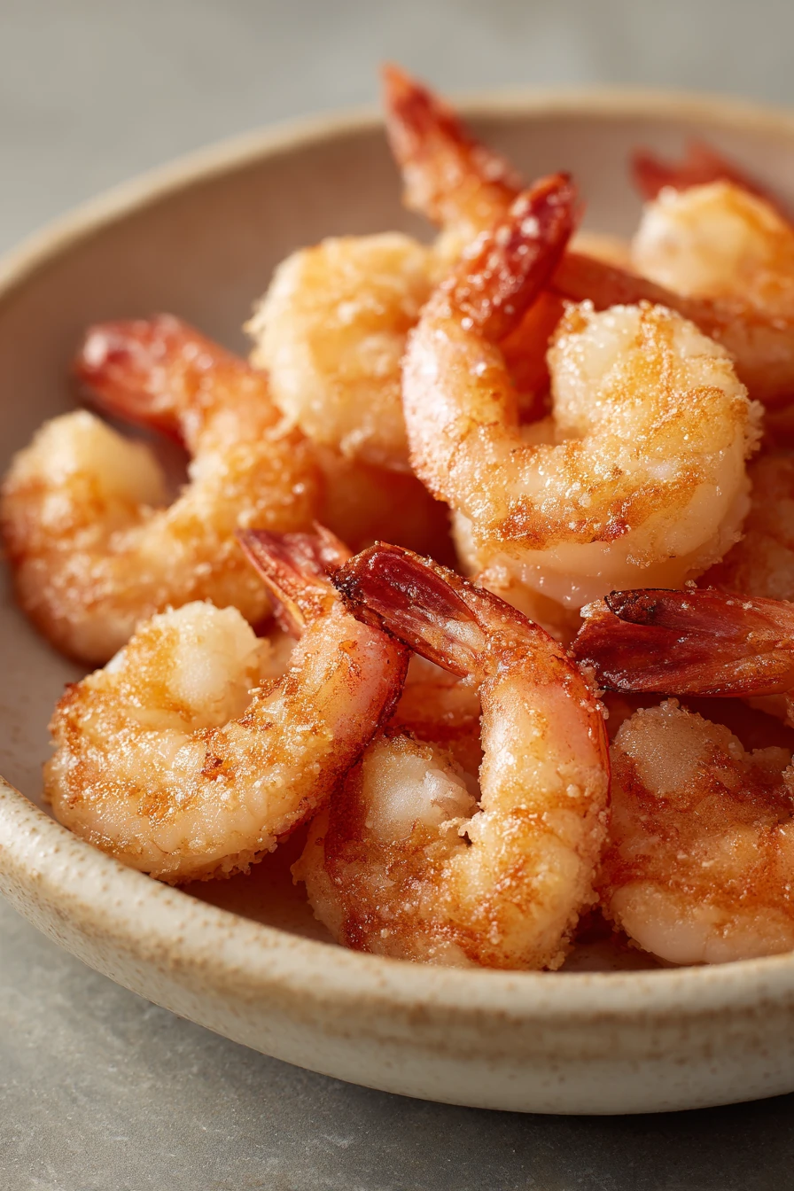 Close-up of crispy air fryer shrimp with cornstarch on a white plate.
