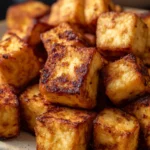 Close-up of crispy air fryer tofu on a white plate with a clean background.
