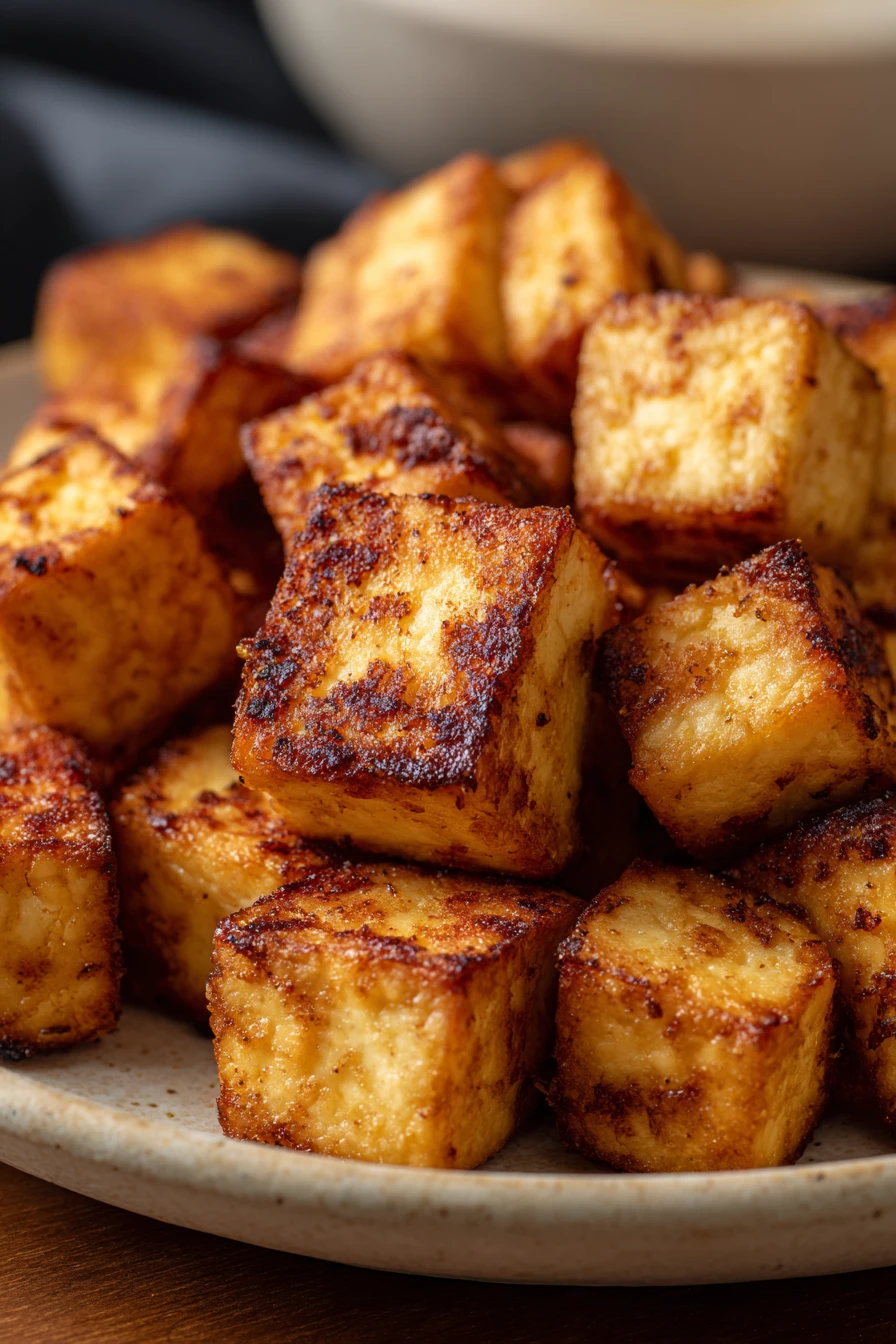 Close-up of crispy air fryer tofu on a white plate with a clean background.