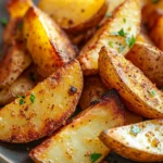 Golden-brown potato wedges cooked in an air fryer, displayed on a clean white plate.