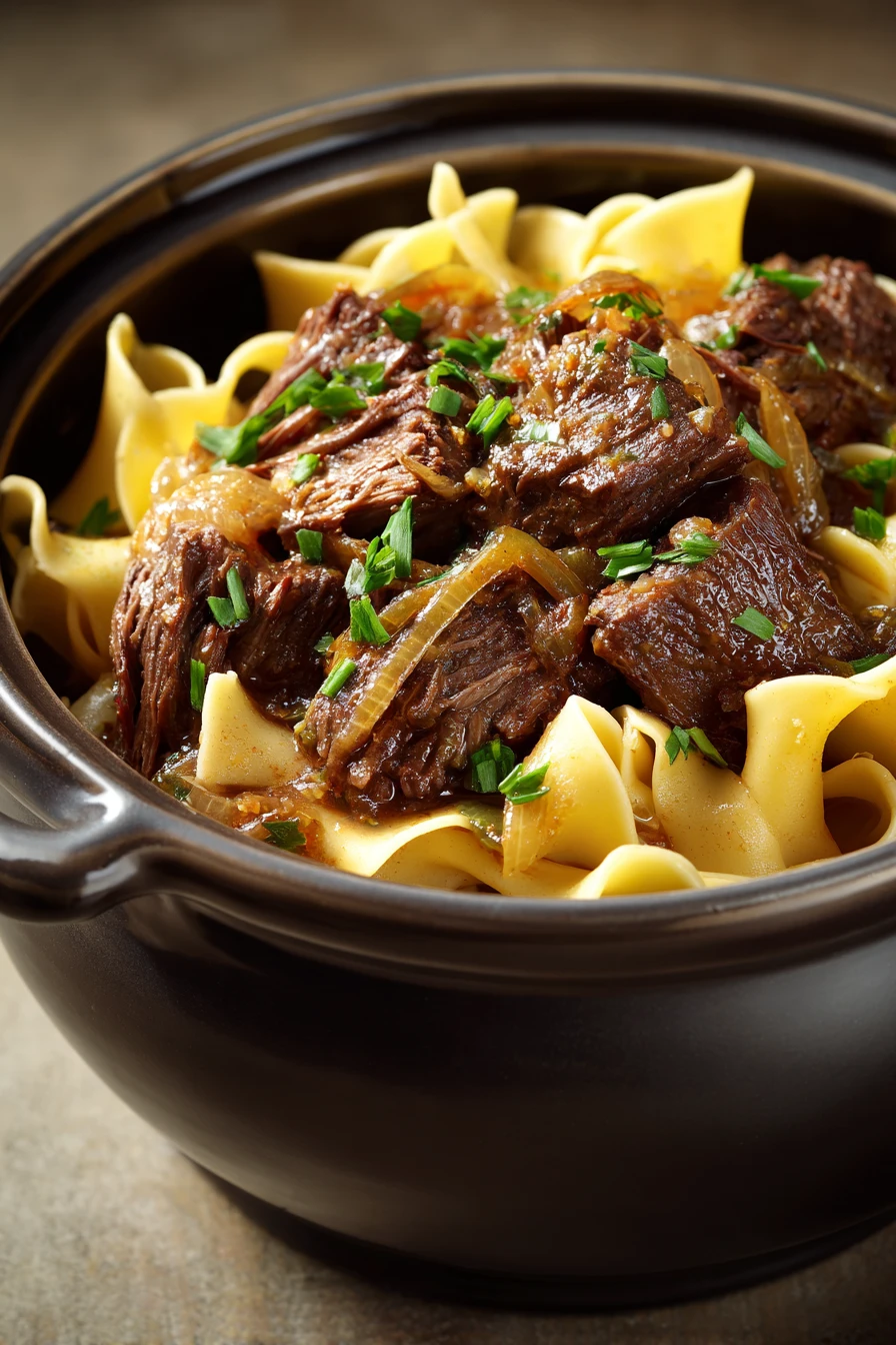 When You Need Comfort: Crock Pot Beef with Noodles for Busy Nights 2 Close-up of crock pot beef with noodles in a warm, inviting setting.
