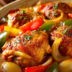 Close-up of crock pot chicken cacciatore with vibrant colors and rich textures.