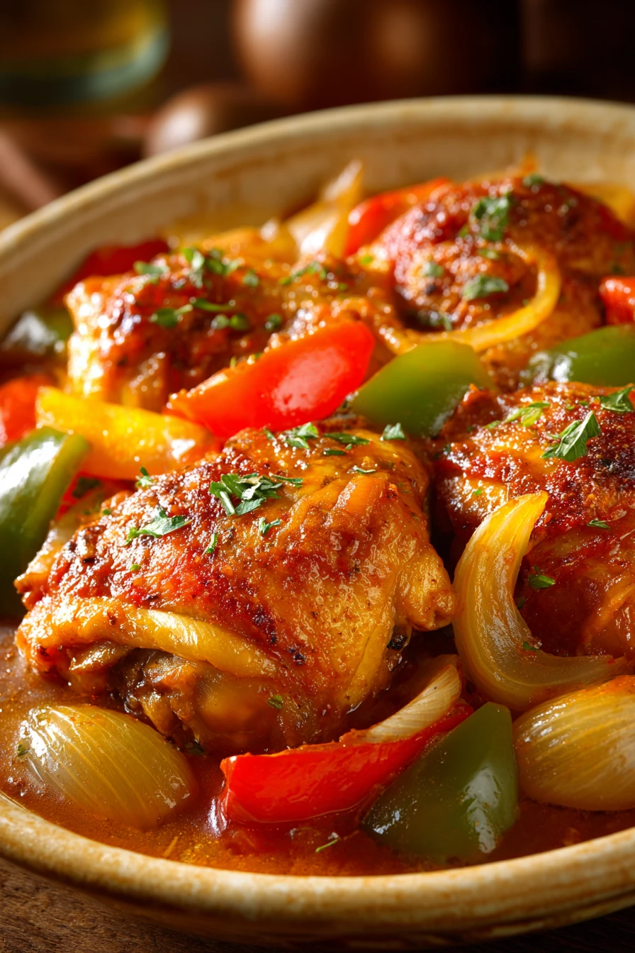 Close-up of crock pot chicken cacciatore with vibrant colors and rich textures.