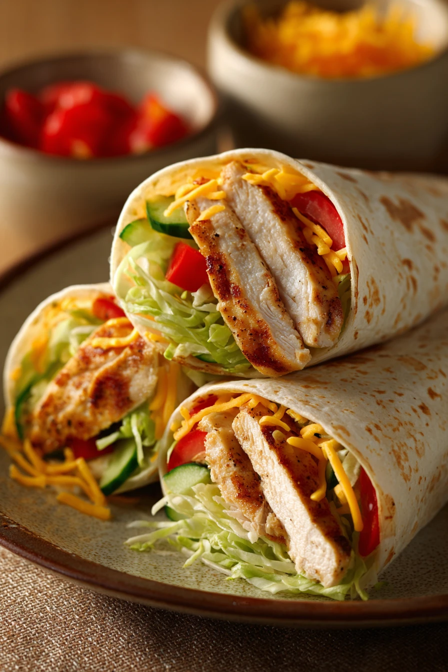 Close-up of chicken breast wraps with fresh ingredients on a clean background