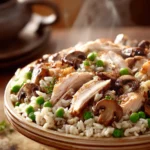 Close-up of a chicken casserole with creamy sauce and rotisserie chicken pieces