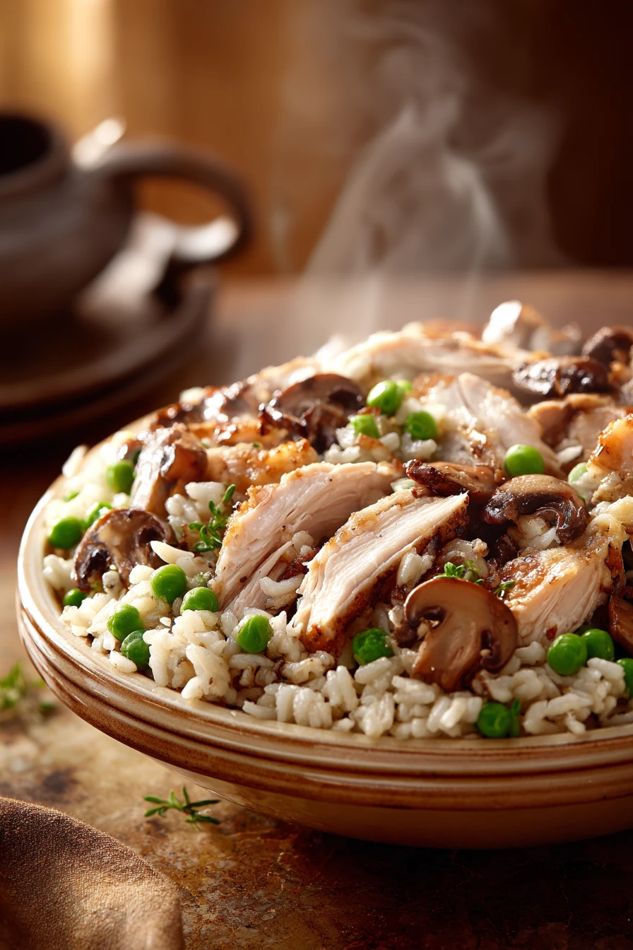 Close-up of a chicken casserole with creamy sauce and rotisserie chicken pieces