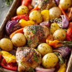 Sheet Pan Chicken Dinner to Savor on a Busy Weeknight 3 Close-up of a chicken dinner on a sheet pan with vegetables and creamy sauce.