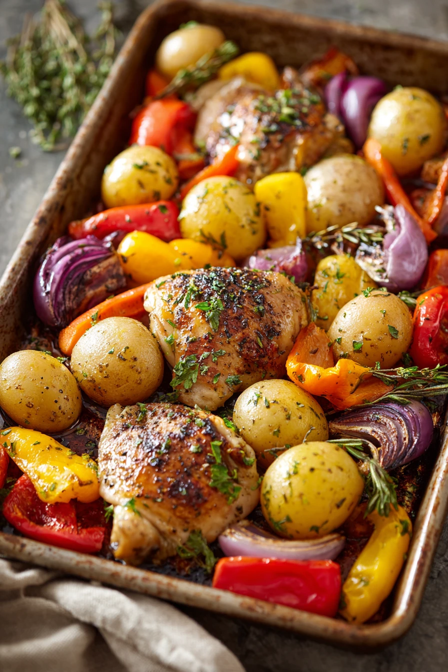 Sheet Pan Chicken Dinner to Savor on a Busy Weeknight 2 Close-up of a chicken dinner on a sheet pan with vegetables and creamy sauce.